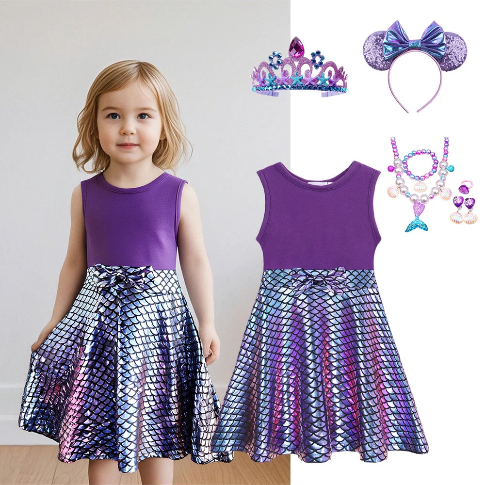 Kids Girl Mermaid Sleeveless Dress Summer A-Line Casual Patchwork Skirt Sequin Bow Cotton Baby Kids Princess Clothing 2-8T