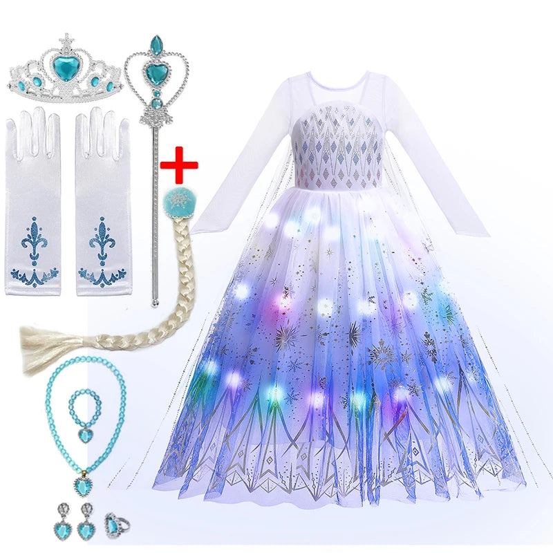 2025 LED Light Dresses Elsa for Girls Kids Cosplay Costumes Christmas Party Prom Gown Robe Play Clothes Princess Dress Up