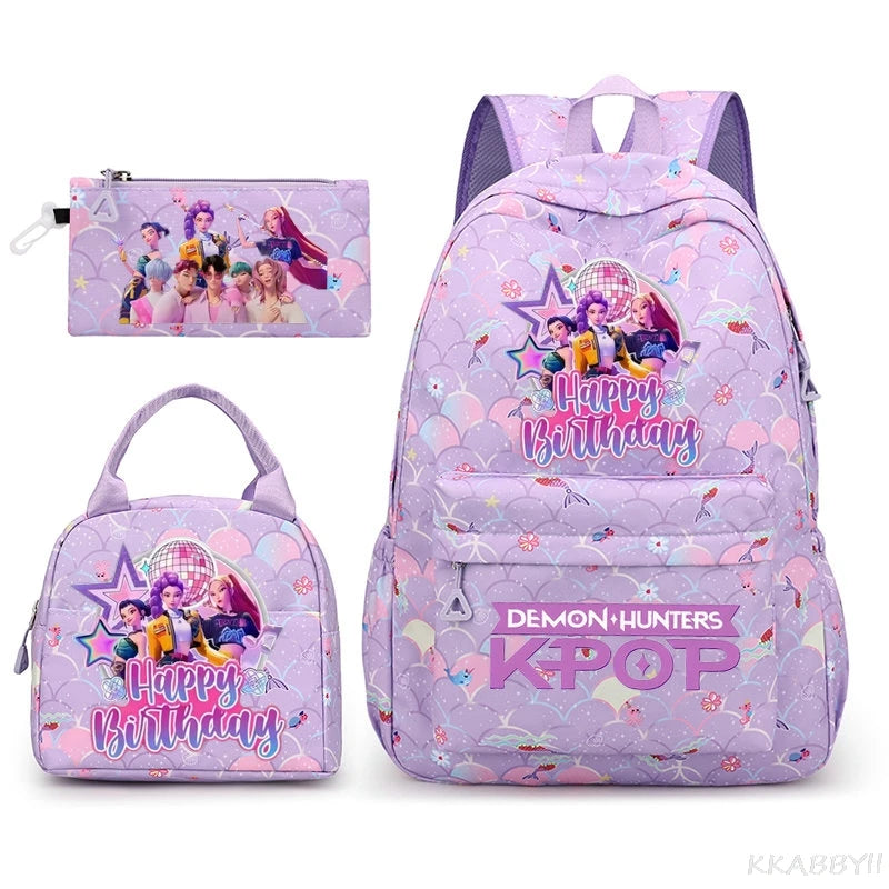 Fashion KPop Demon Hunters Backpacks 3pcs Rumi Mira Zoey HUNTR/ Boys School Bags For Women Girls Kawaii Capacity Mochilas