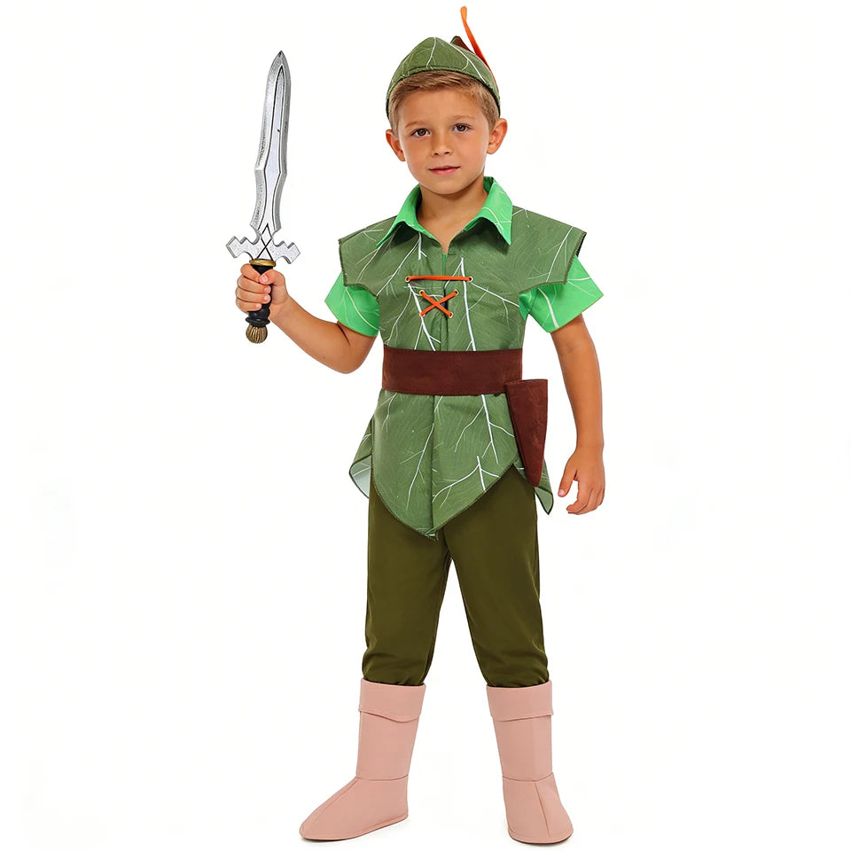 Peter Pan Prince Green Forest Elf Boys Outfit Halloween Cosplay Party Adventure Children Costume Fairy Tale Themed Kids Clothes