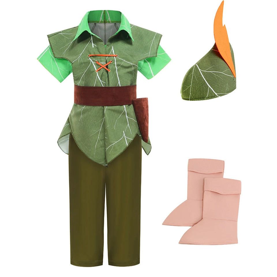 Peter Pan Prince Green Forest Elf Boys Outfit Halloween Cosplay Party Adventure Children Costume Fairy Tale Themed Kids Clothes