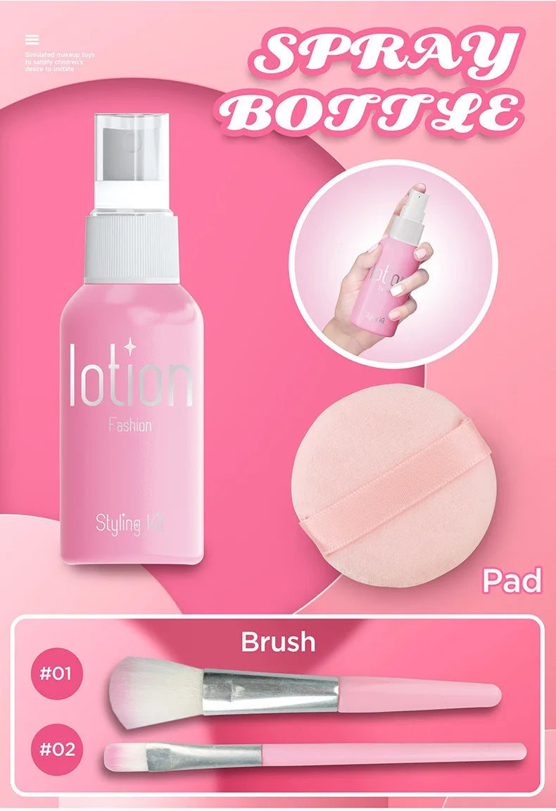 Girl’s pretend home make-up set: faux manicure, lip color, eye shadow, non-washable princess-themed cosmetics and toys.