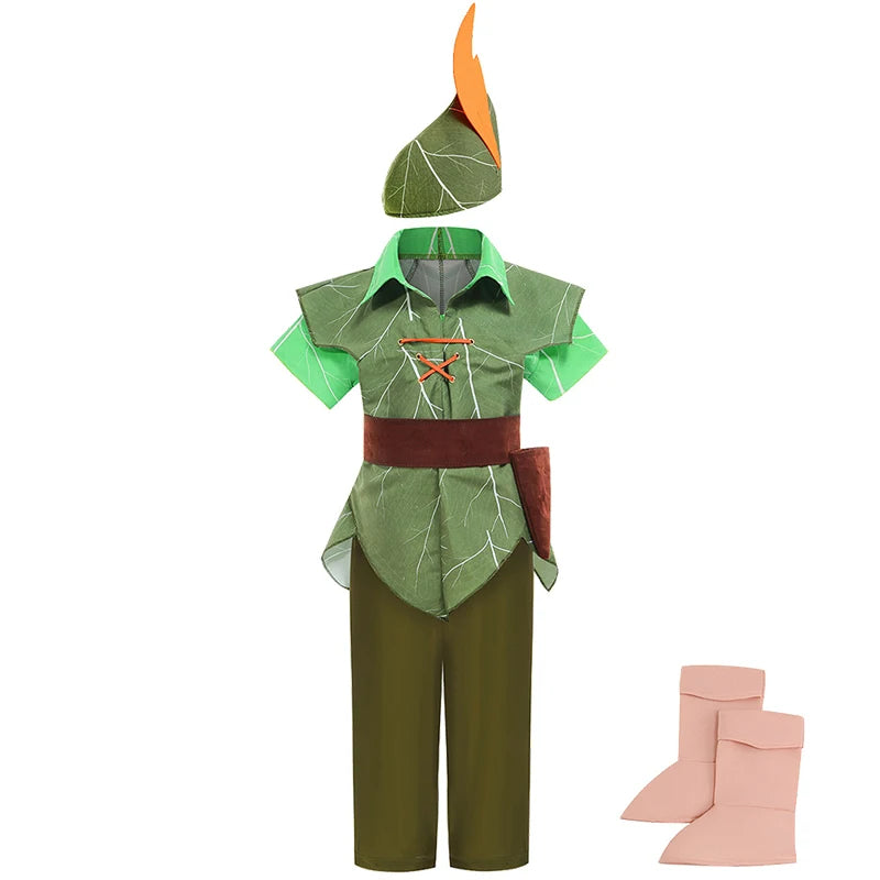 Peter Pan Prince Green Forest Elf Boys Outfit Halloween Cosplay Party Adventure Children Costume Fairy Tale Themed Kids Clothes
