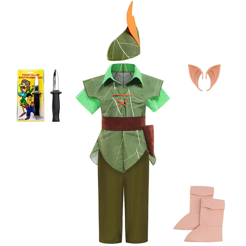 Peter Pan Prince Green Forest Elf Boys Outfit Halloween Cosplay Party Adventure Children Costume Fairy Tale Themed Kids Clothes