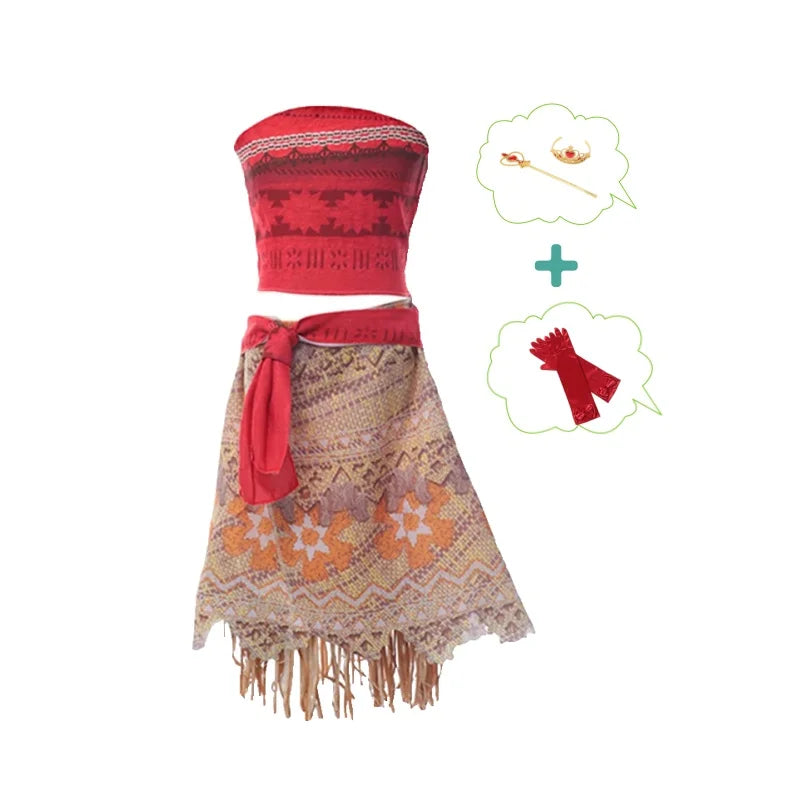 Girls Outfit Moana Cosplay Children's Costume Party Princess Dress Summer Casual Beach Dress Necklace Wig Set Party Dresses