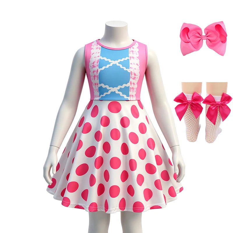 Hot Little Girls Polka Dot Sleeveless Princess Bo Peep Dress Halloween Cosplay Toy Movie Performance Carnival Party Kids Clothes