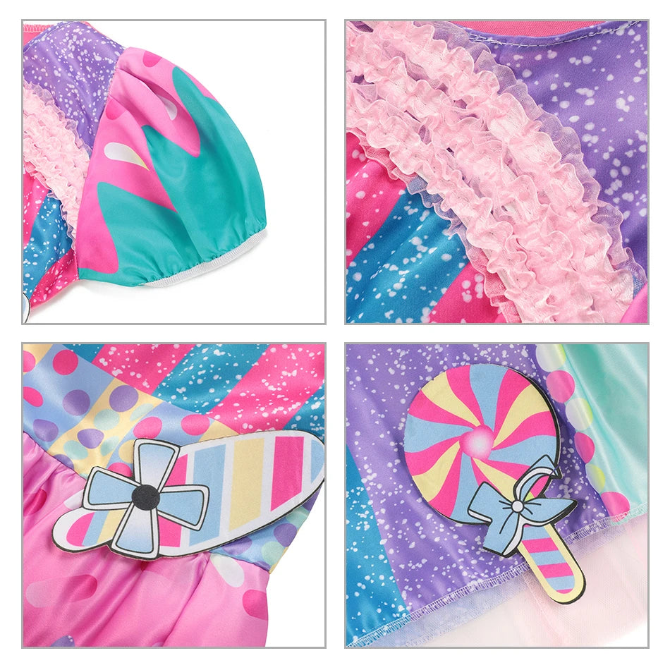 Girls Purim Festival Lollipop Costume Children's Puff Sleeve Candy Costume Kids Sweet Lollipop Print Birthday Party Dresses