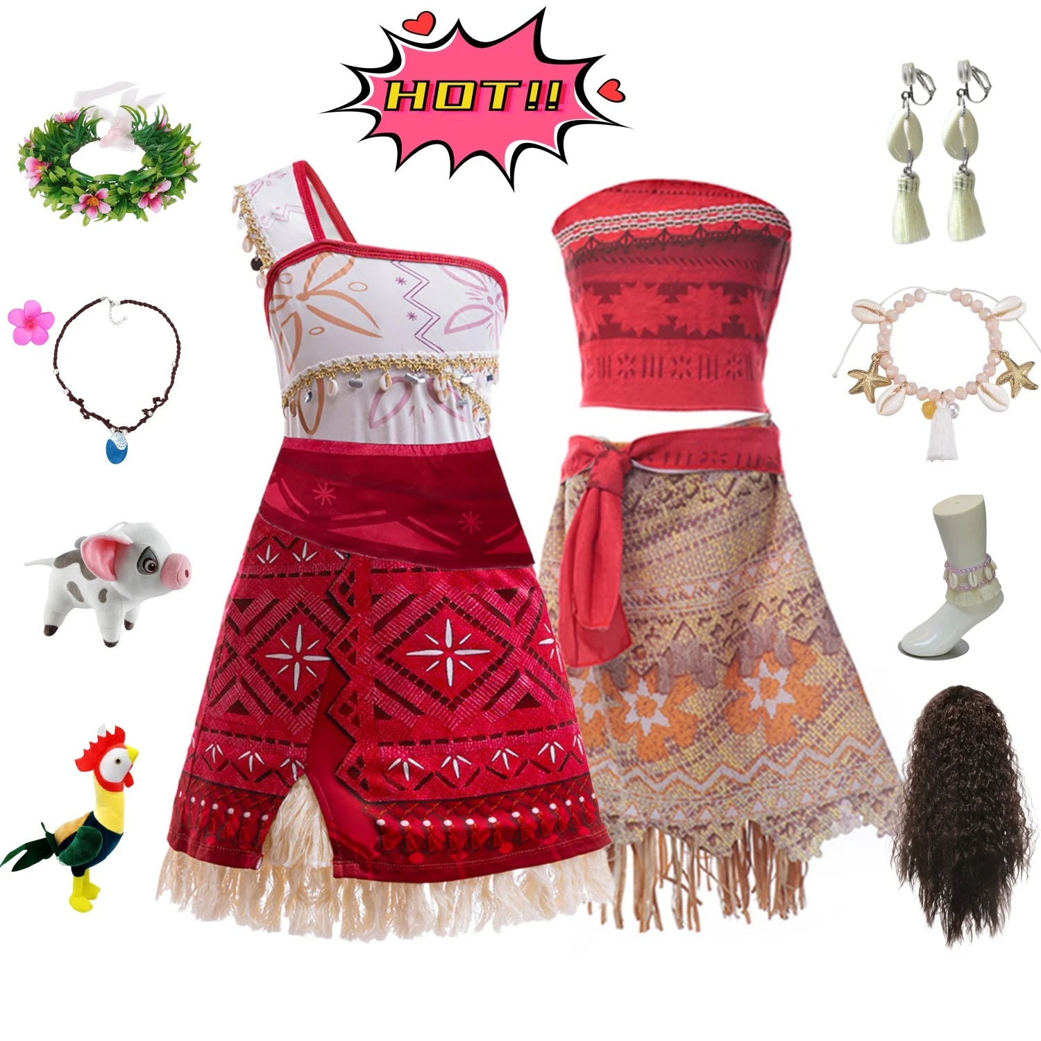 Moana Princess Dress For Girl Fashion Fantasy Carnival Cosplay Costumes Children's Day Party  Ball Gown With Pig Chicken Garland