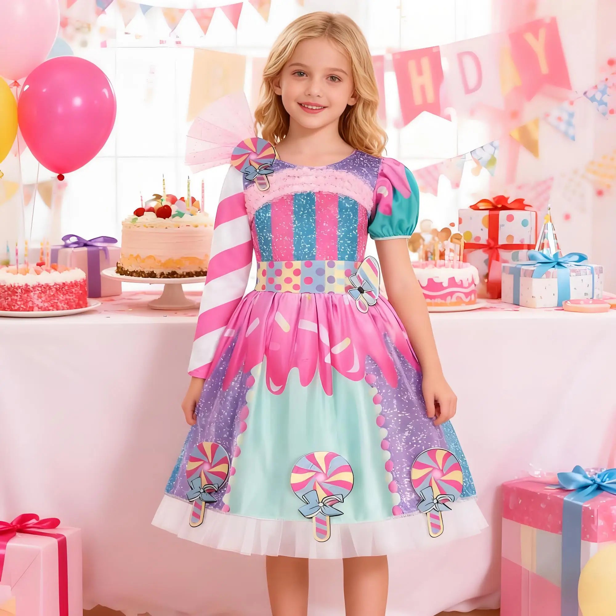 Girls Purim Festival Lollipop Costume Children's Puff Sleeve Candy Costume Kids Sweet Lollipop Print Birthday Party Dresses