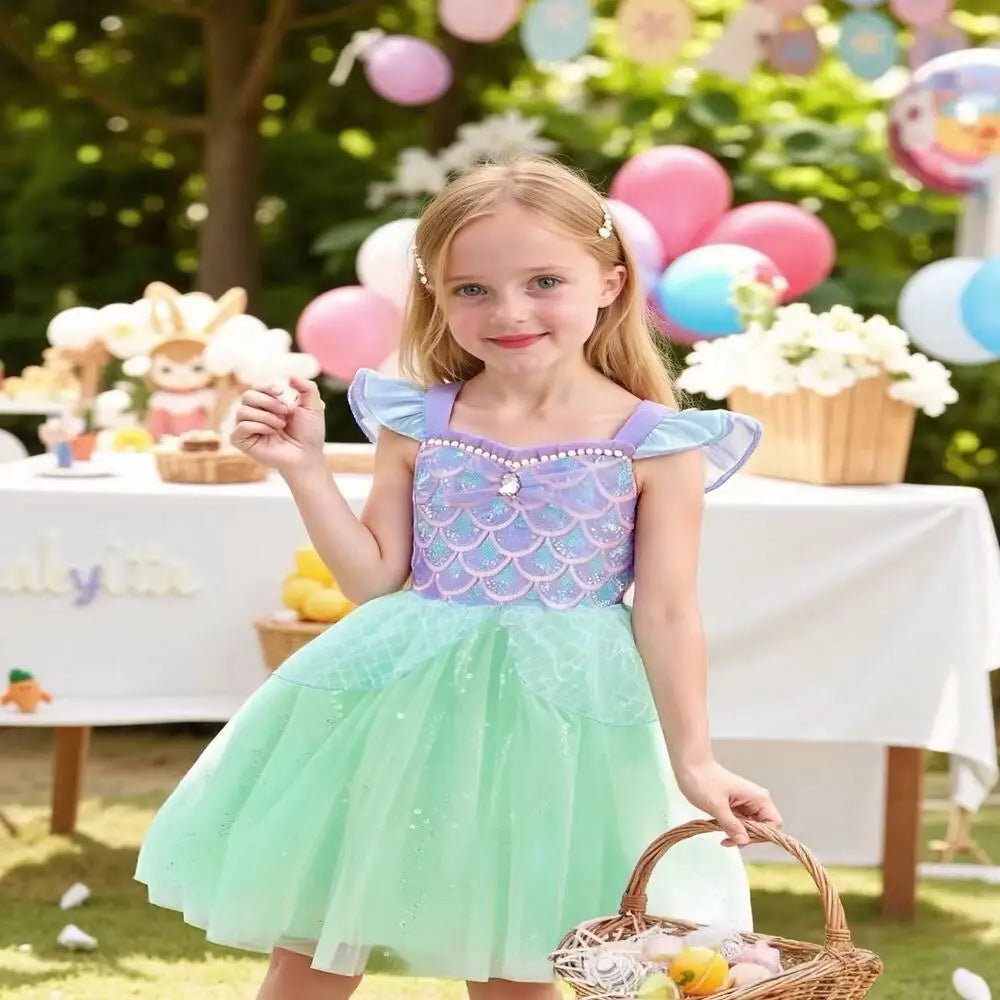 Sequin Performance Costume Girl Princess Dresses Sling Mesh Skirt Birthday Girl Dress Mermaid Themed Party Girl Clothes