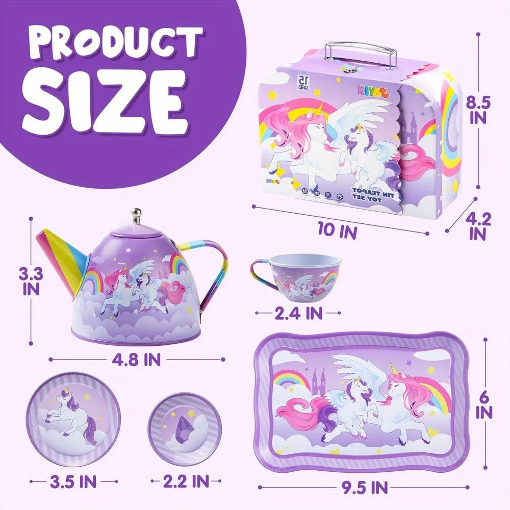 JOYFY Unicorn Tea Party Set Pretend Purple Tin Teapot Set Princess Tea Time Play Kitchen Toy for Girls Birthday Chirstmas Gift
