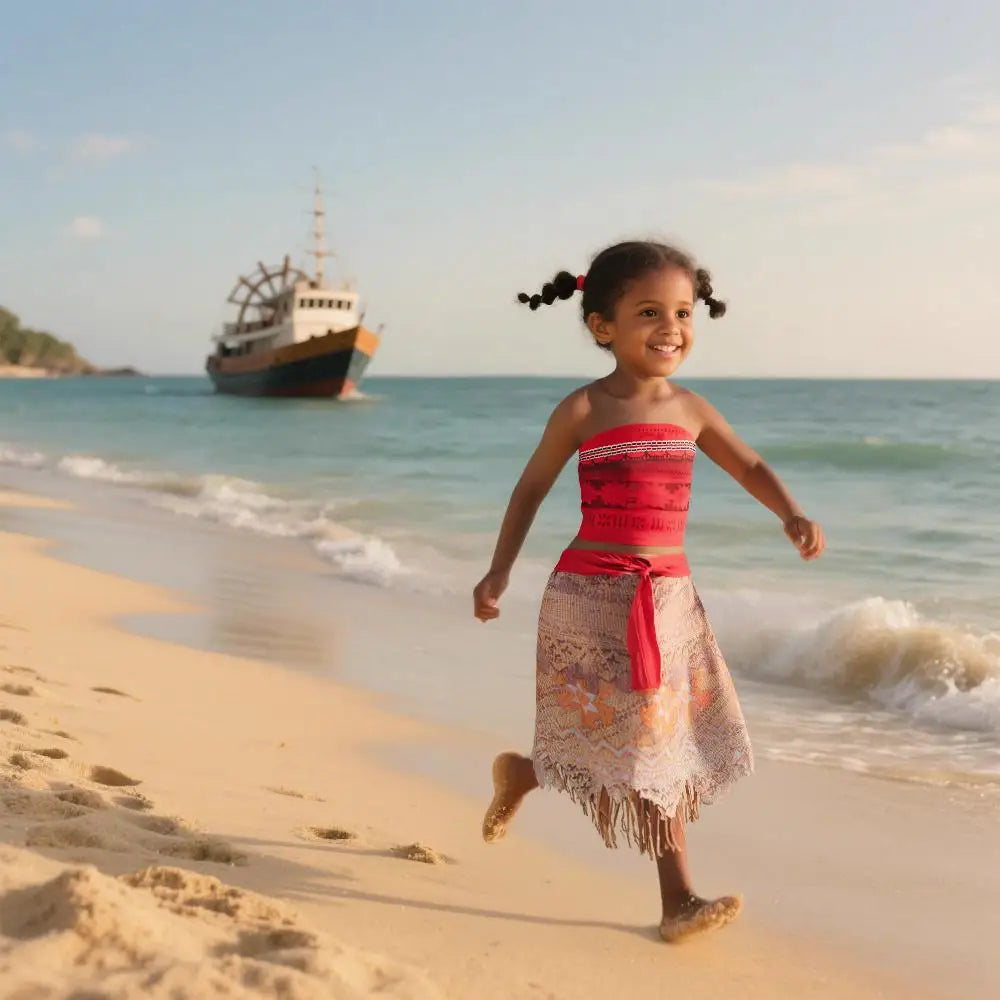 Girls Outfit Moana Cosplay Children's Costume Party Princess Dress Summer Casual Beach Dress Necklace Wig Set Party Dresses
