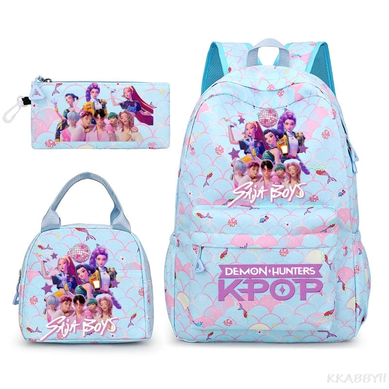 Fashion KPop Demon Hunters Backpacks 3pcs Rumi Mira Zoey HUNTR/ Boys School Bags For Women Girls Kawaii Capacity Mochilas