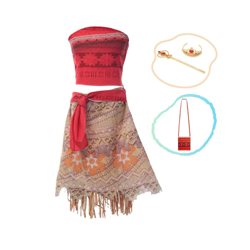 Girls Outfit Moana Cosplay Children's Costume Party Princess Dress Summer Casual Beach Dress Necklace Wig Set Party Dresses