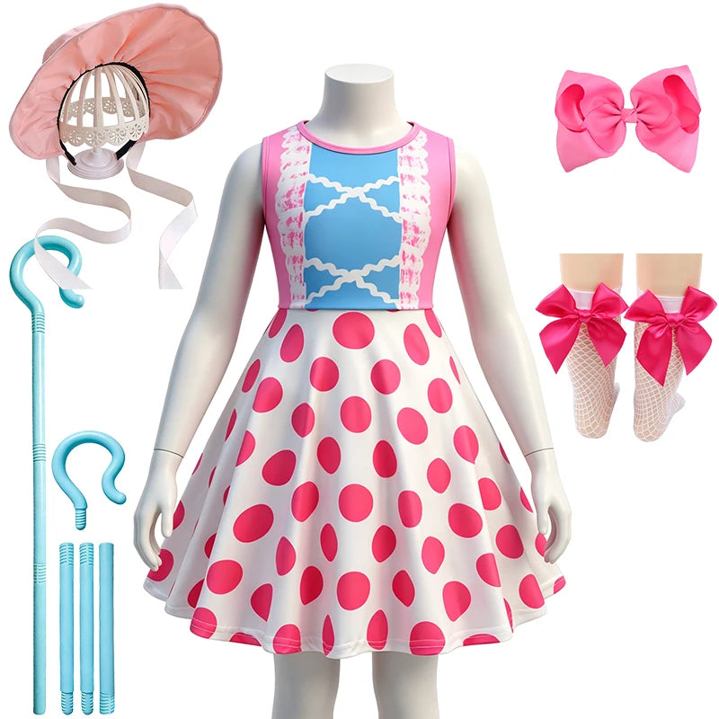 Hot Little Girls Polka Dot Sleeveless Princess Bo Peep Dress Halloween Cosplay Toy Movie Performance Carnival Party Kids Clothes