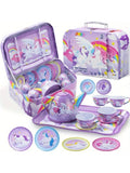 JOYFY Unicorn Tea Party Set Pretend Purple Tin Teapot Set Princess Tea Time Play Kitchen Toy for Girls Birthday Chirstmas Gift