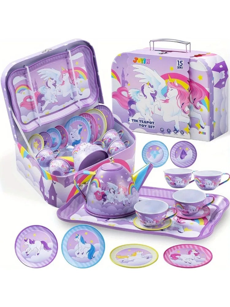 JOYFY Unicorn Tea Party Set Pretend Purple Tin Teapot Set Princess Tea Time Play Kitchen Toy for Girls Birthday Chirstmas Gift
