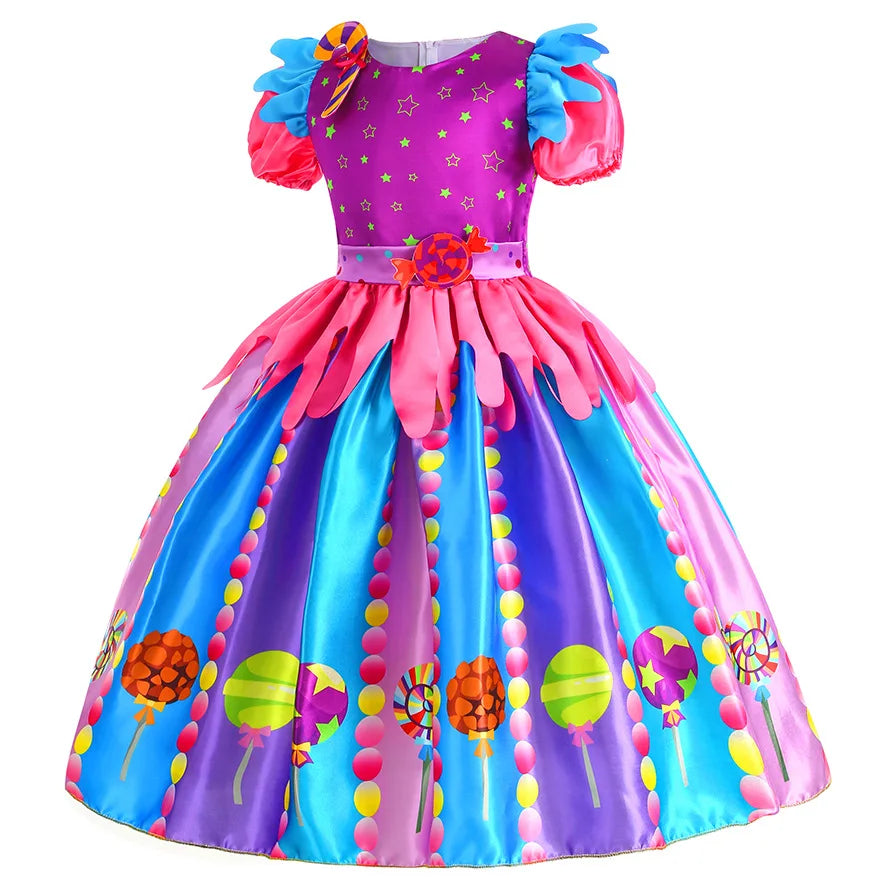 Girls Purim Festival Lollipop Costume Children's Puff Sleeve Candy Costume Kids Sweet Lollipop Print Birthday Party Dresses