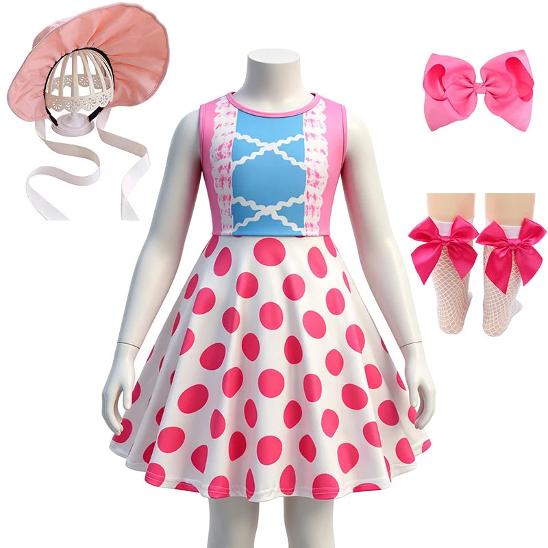 Hot Little Girls Polka Dot Sleeveless Princess Bo Peep Dress Halloween Cosplay Toy Movie Performance Carnival Party Kids Clothes