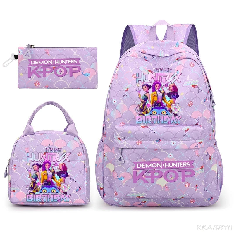 Fashion KPop Demon Hunters Backpacks 3pcs Rumi Mira Zoey HUNTR/ Boys School Bags For Women Girls Kawaii Capacity Mochilas