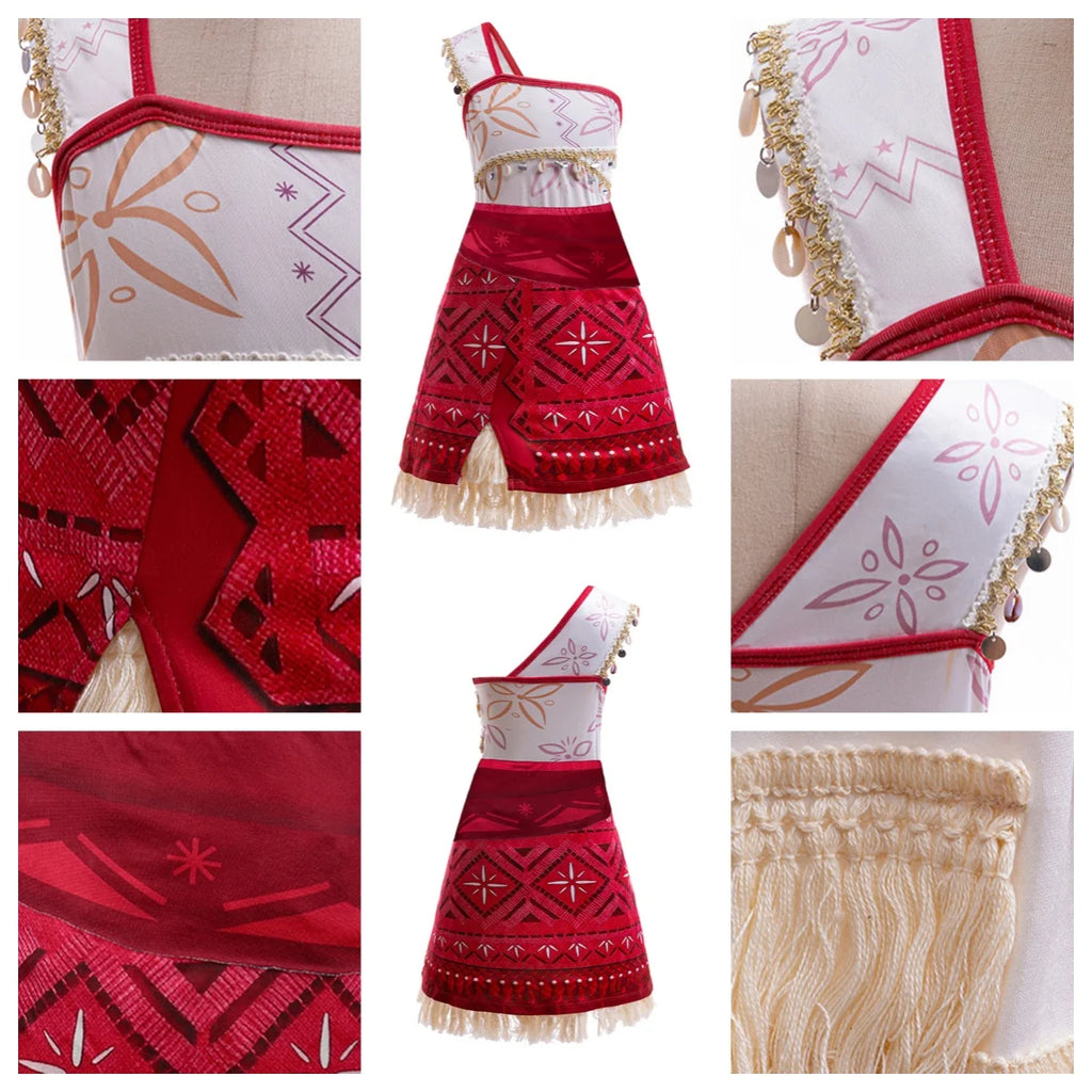 Girls Outfit Moana Cosplay Children's Costume Party Princess Dress Summer Casual Beach Dress Necklace Wig Set Party Dresses