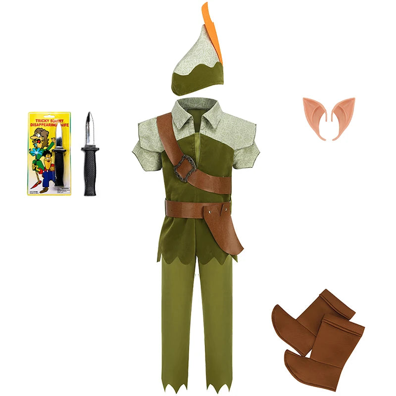Peter Pan Prince Green Forest Elf Boys Outfit Halloween Cosplay Party Adventure Children Costume Fairy Tale Themed Kids Clothes